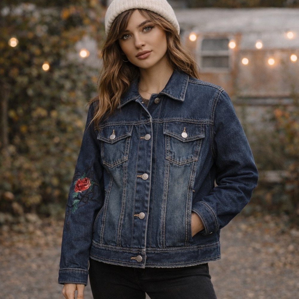 Vtg Bonda Denim Jacket Womens XL Sherpa Fleece Lined Rose Embroidered Jean Coat